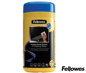 Stationery Wholesalers| Fellowes , Wipes , Anti Bacterial Screen Wipes , CLeaning Wipes , Blue Lid, Yellow Bottle