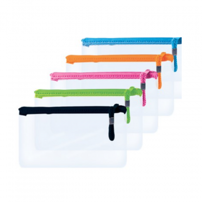 Stationery Wholesalers |pencil, treeline, black , green, pink, orange, blue, purple, see thru pencil bag, zip up bag, 20cm